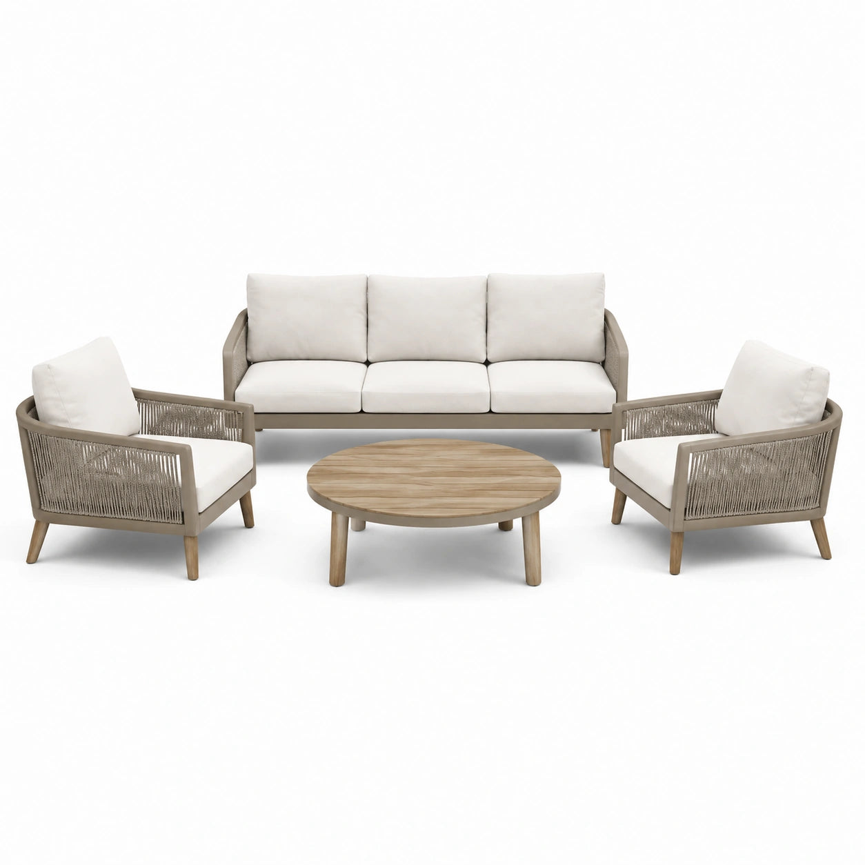Gartenmöbel-Set aus Holz und Seilgeflecht mit Polstern