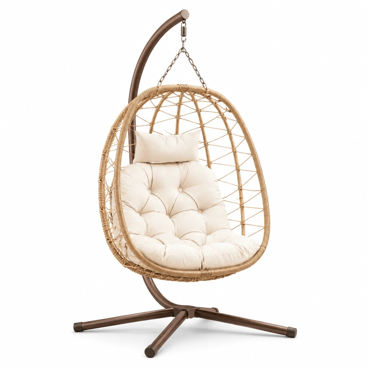 Polyrattan Hängesessel mit Stahlrahmen und beigem Kissen