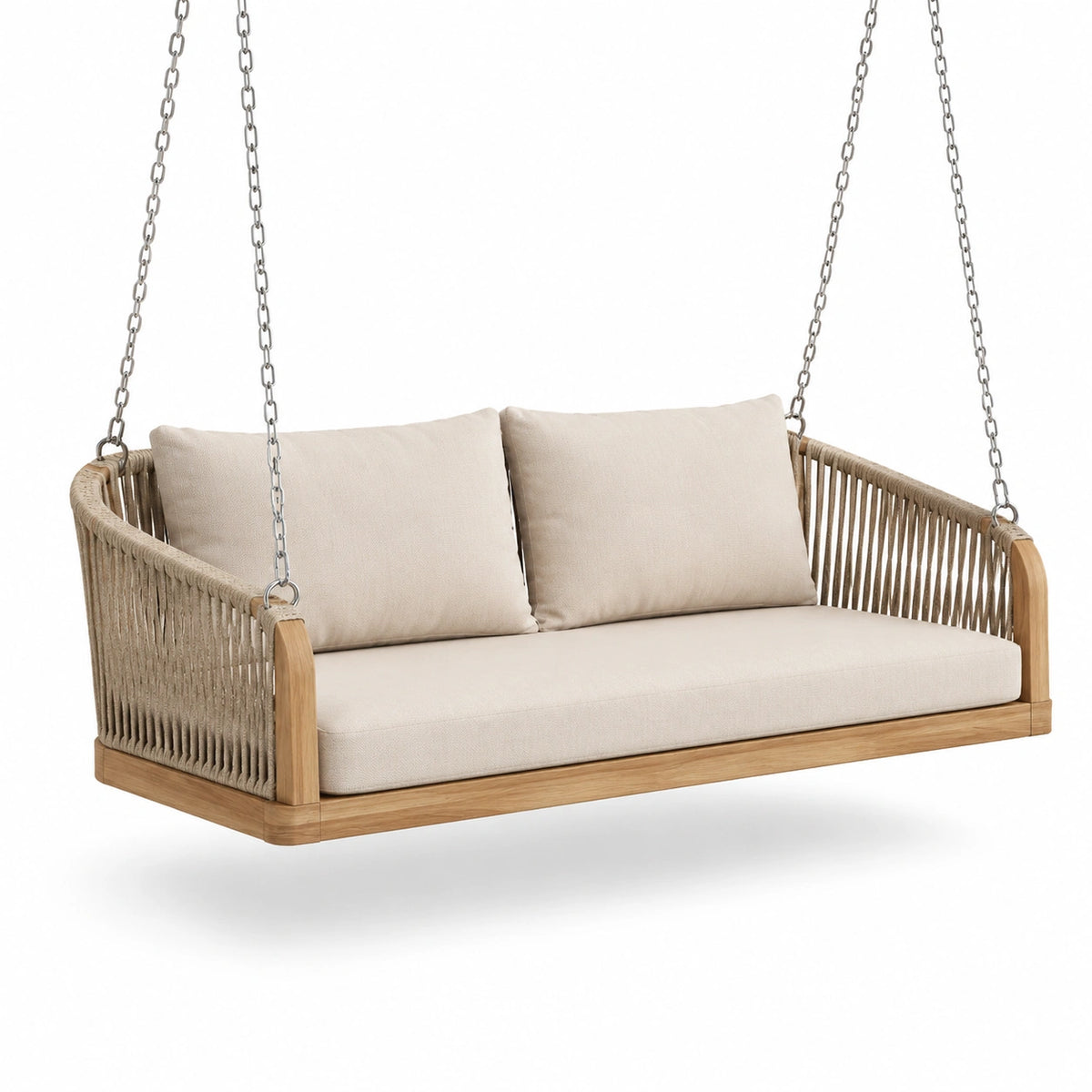 Teakholz Schaukelbank mit Polyesterseil und Polsterung Beige