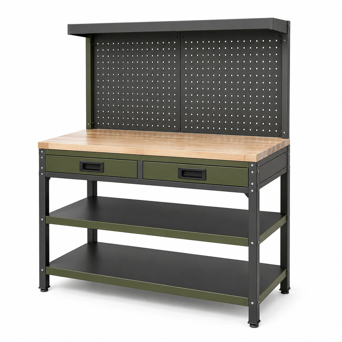 Werkbank aus Stahl und Hartholz mit Schubladen 120cm x 60cm x 150cm