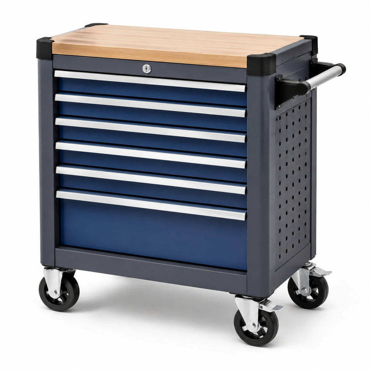 Werkzeugwagen mit 6 Schubladen aus Metall und Holzoberfläche Blau