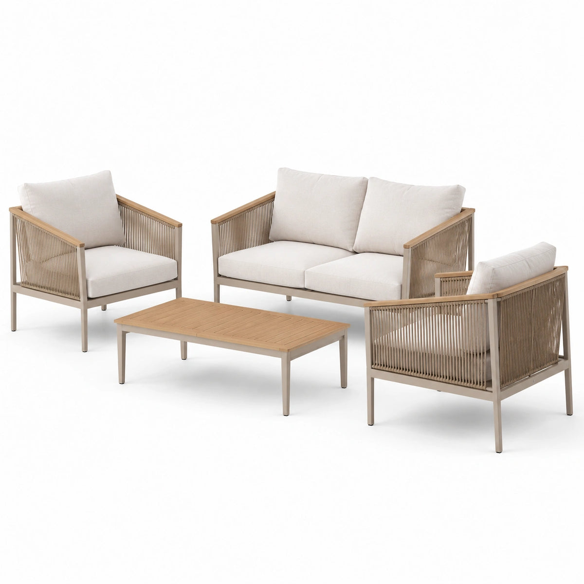 Aluminium Gartenmöbel-Set mit Seil und Teakholz, Beige Kissen