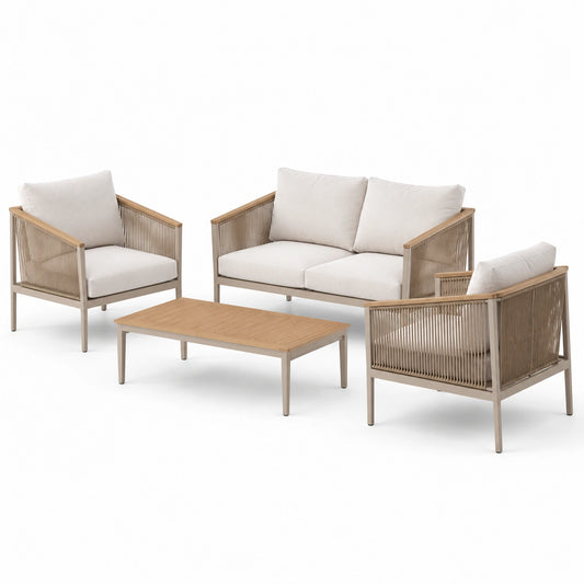 Aluminium Gartenmöbel-Set mit Seil und Teakholz, Beige Kissen