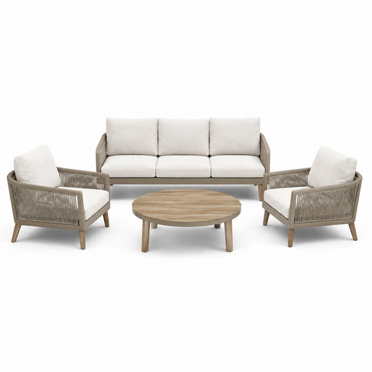 Gartenmöbel-Set aus Holz und Seilgeflecht mit Polstern