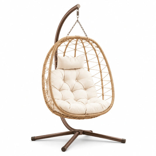 Polyrattan Hängesessel mit Stahlrahmen und beigem Kissen