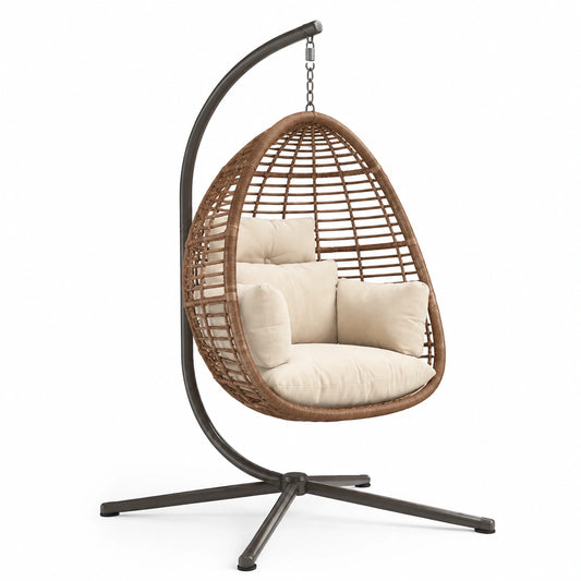 Rattan Hängesessel mit Stahlgestell und beigen Kissen