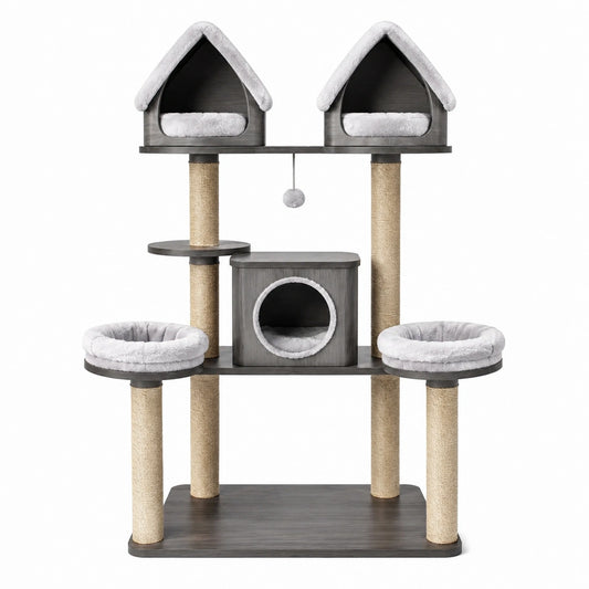 Katzenkratzbaum aus MDF mit Plattformen und Sisalstämmen in Grau