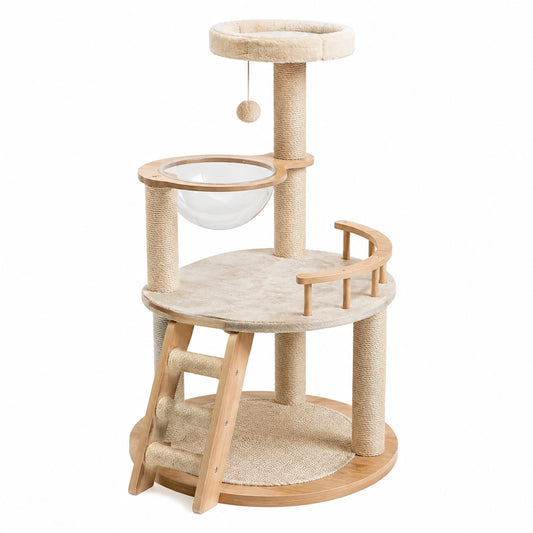 Kratzbaum aus Holz, Sisal und Acrylglas 130 cm Beige