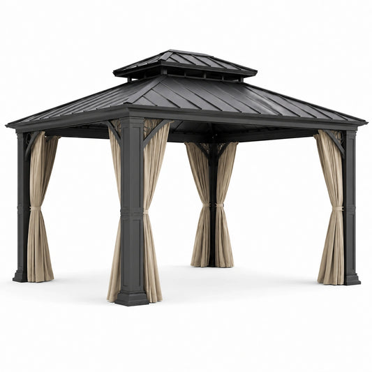 Quadratischer Pavillon mit Aluminiumrahmen und Stahldach in Schwarz und beigen Vorhängen