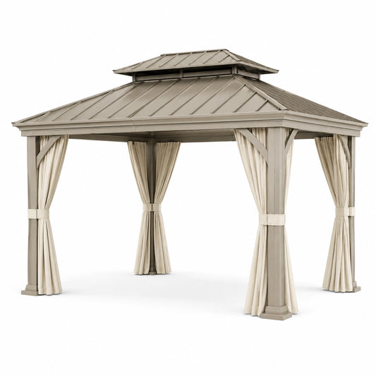 Pavillon aus Stahl mit Polyester-Vorhängen 400x300x250 cm Grau/Beige